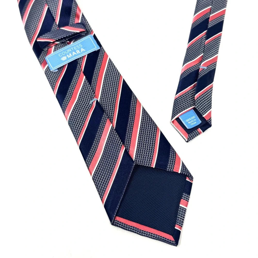 Countess Mara Mens Silk Necktie Navy Blue Coral Pink White Striped Silk Tie